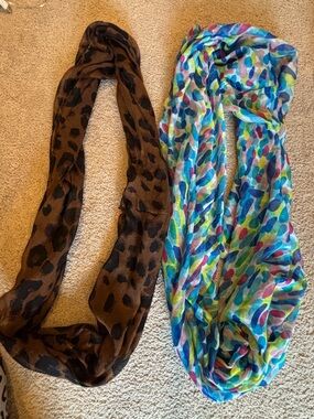 Two Infinity Scarves - Brown Leopard + Multicolor Abstract